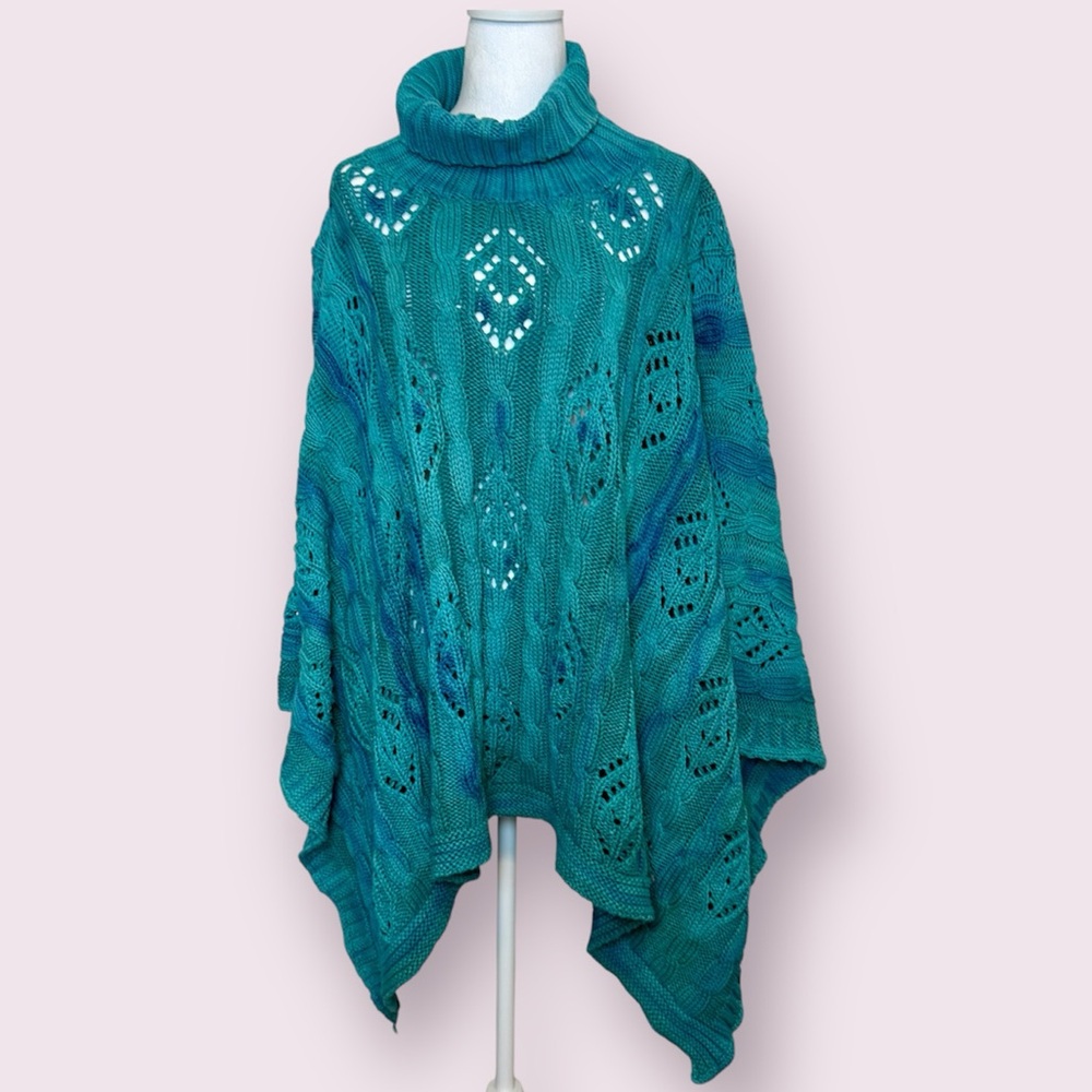 525 America Teal Open Knit Turtleneck Poncho